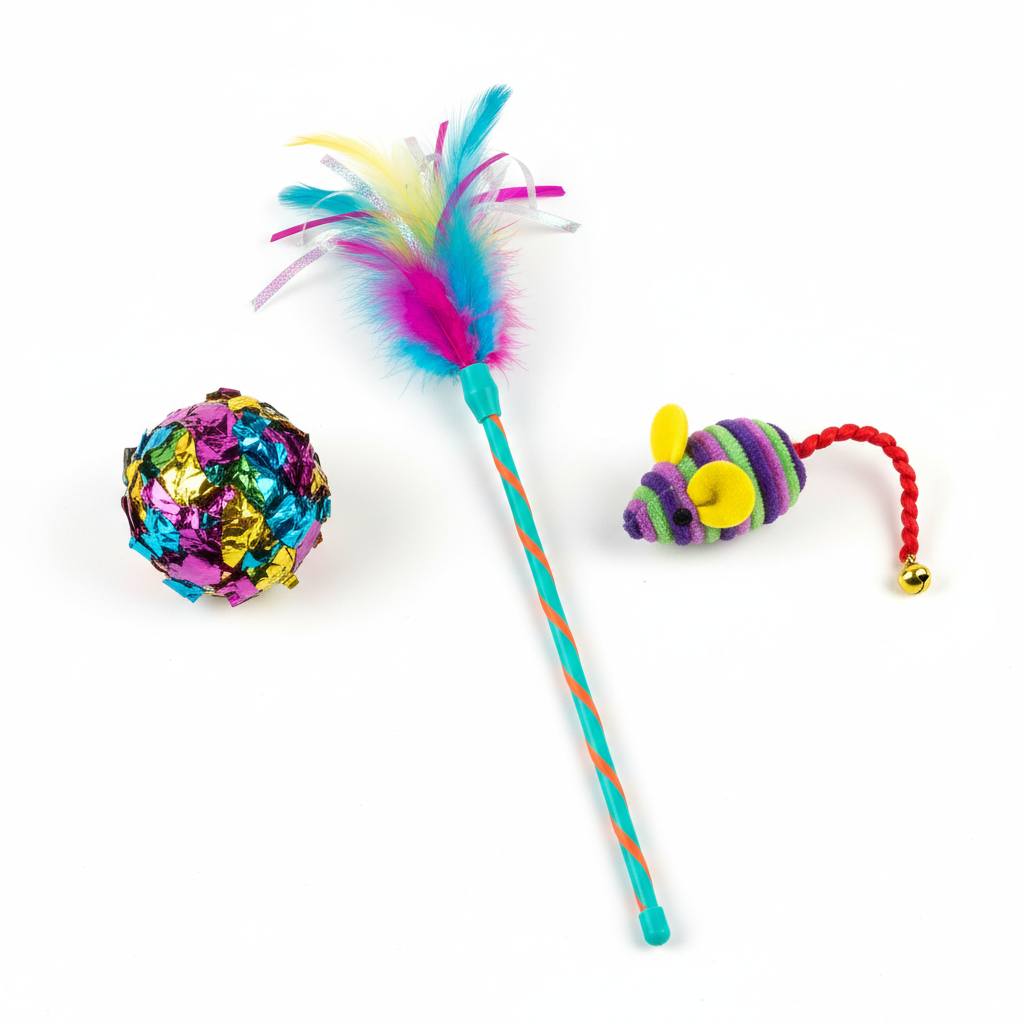 Set de juguetes para gatos con varita de plumas, ratón y pelotas